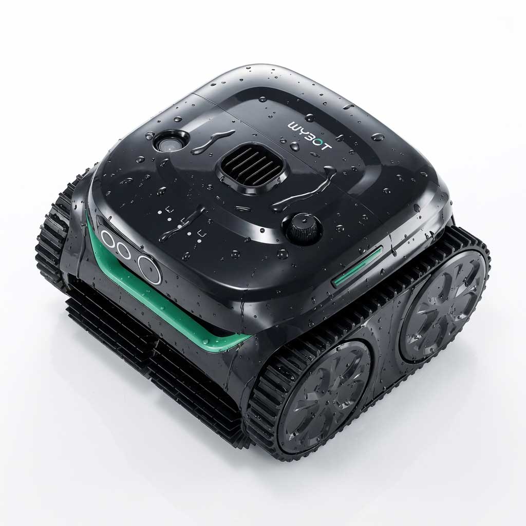 Schwarzer Roboter-Poolreiniger mit grünen Akzenten und Wassertropfen auf der Oberfläche.