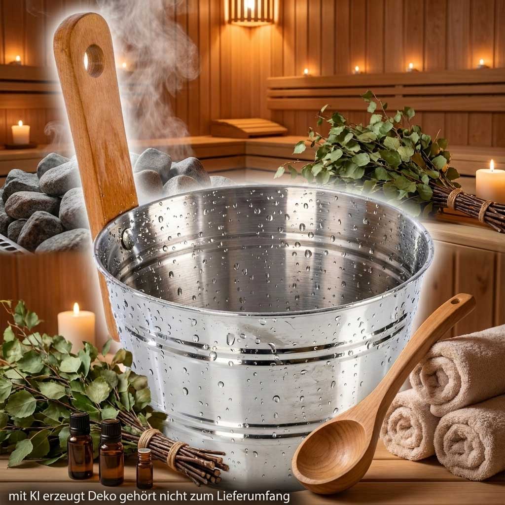 Saunakübel aus Edelstahl mit Holzgriff für Wasseraufgüsse.