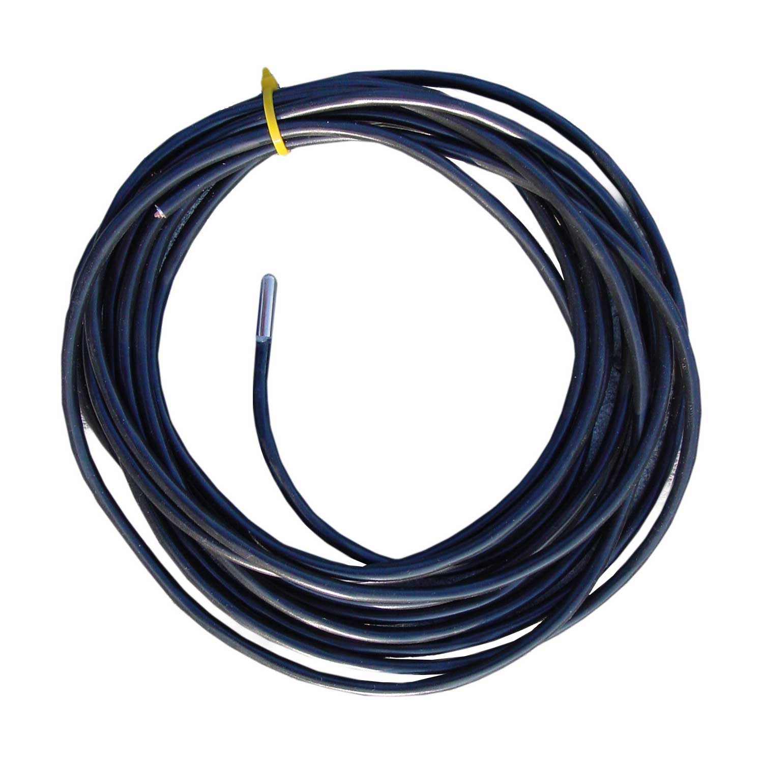 Spiralförmiges schwarzes Temperatursensorkabel mit Metallsonde.