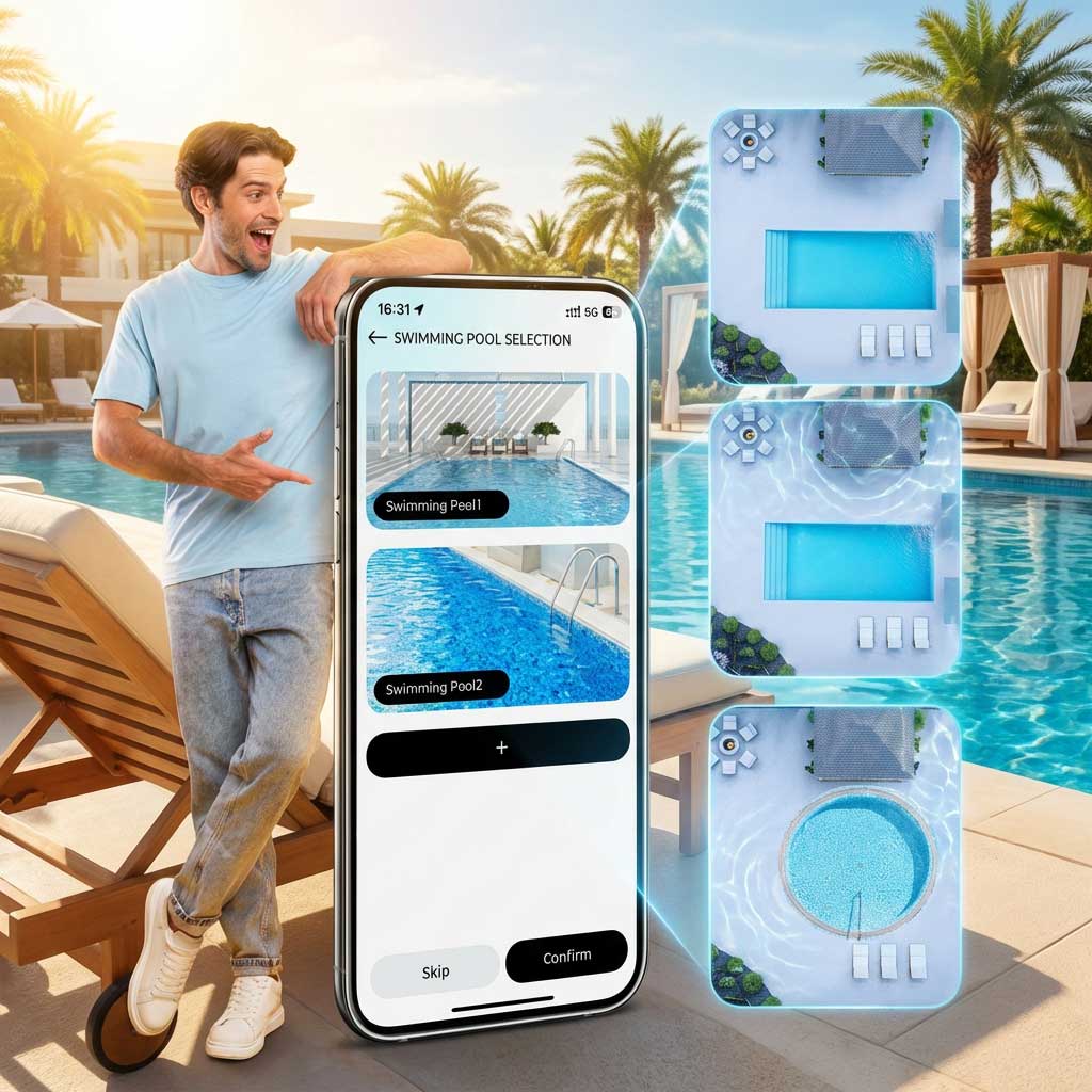 Smartphone mit Benutzeroberfläche zur Schwimmbadauswahl mit verschiedenen Pooldesigns und Sicherheitsabdeckungen.