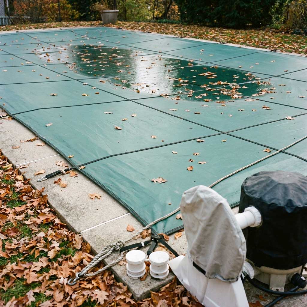 Eine rechteckige grüne Pool-Sicherheitsabdeckung, die über einem Schwimmbad mit einer Pumpe in der Nähe befestigt ist.