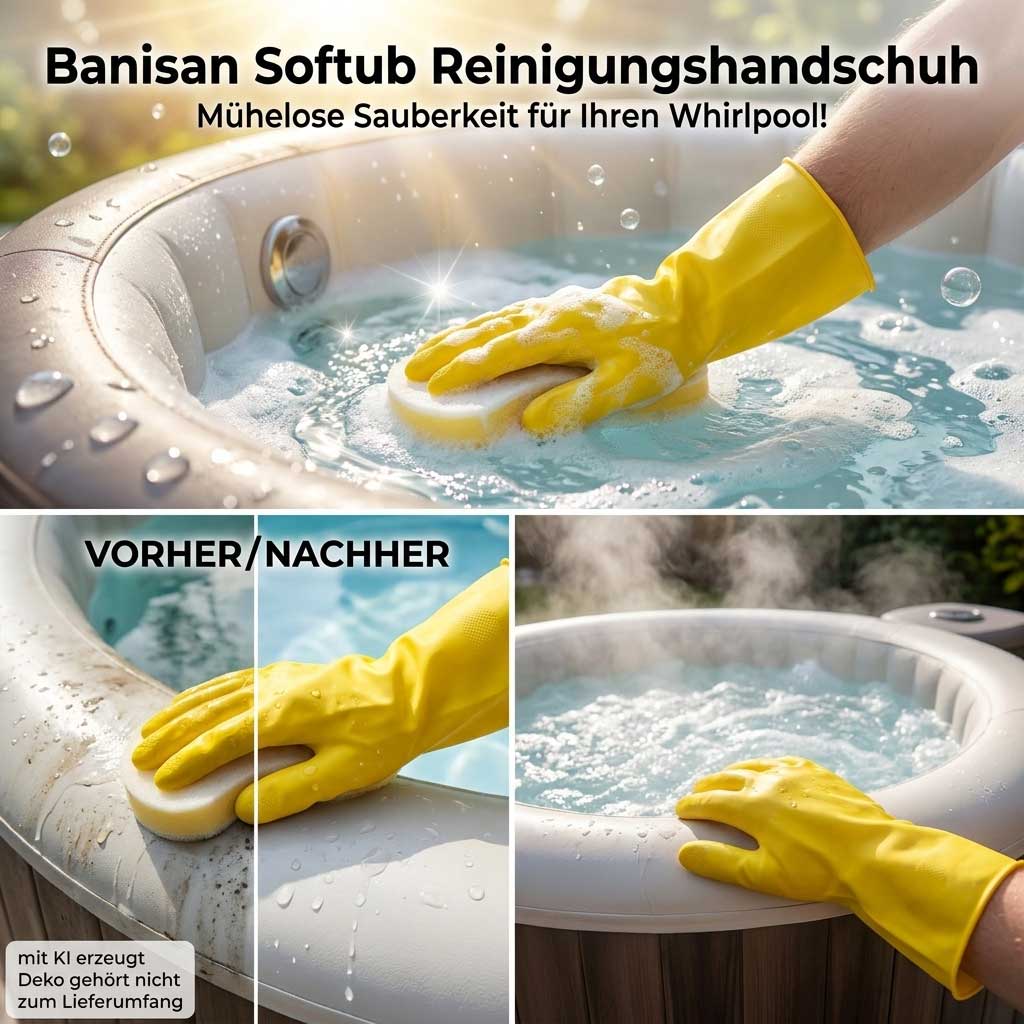 Eine Hand mit einem gelben Reinigungshandschuh schrubbt die Innenfläche eines Whirlpools.