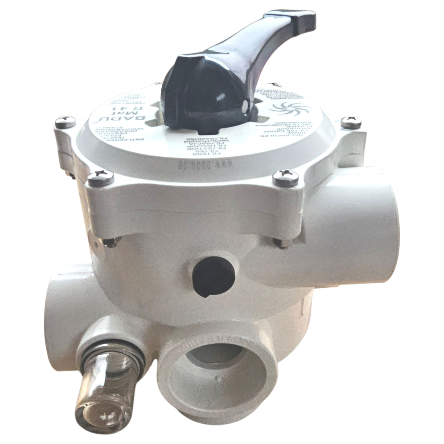 Weißes Mehrwegeventil mit schwarzem Griff und D 50-Klebeanschlüssen für Poolsysteme.