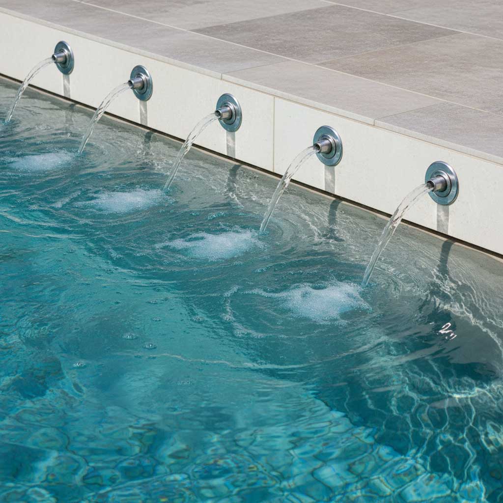 Swimmingpool mit integrierten Wasserspielen; Mehrere Ausgüsse leiten Wasser in den Pool.