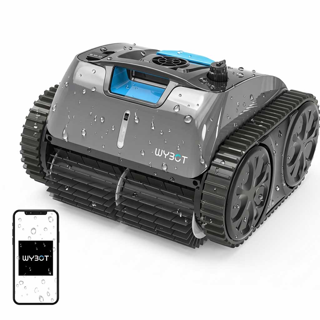 Roboter-Poolreiniger mit Tankauftritten und blauem Akzent, dargestellt mit Wassertropfen.