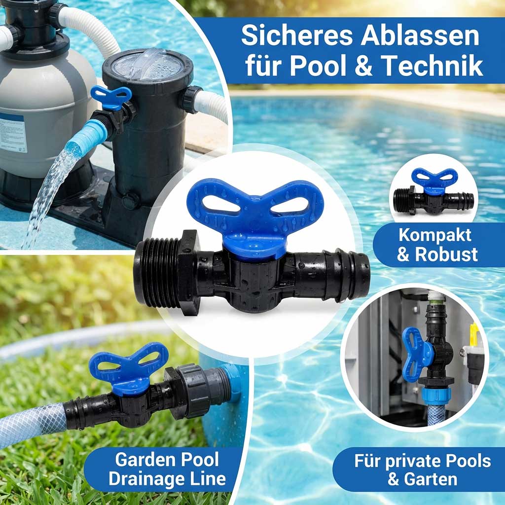 Pool-Entwässerungsventil mit blauem Griff für sicheren Wasserabfluss.