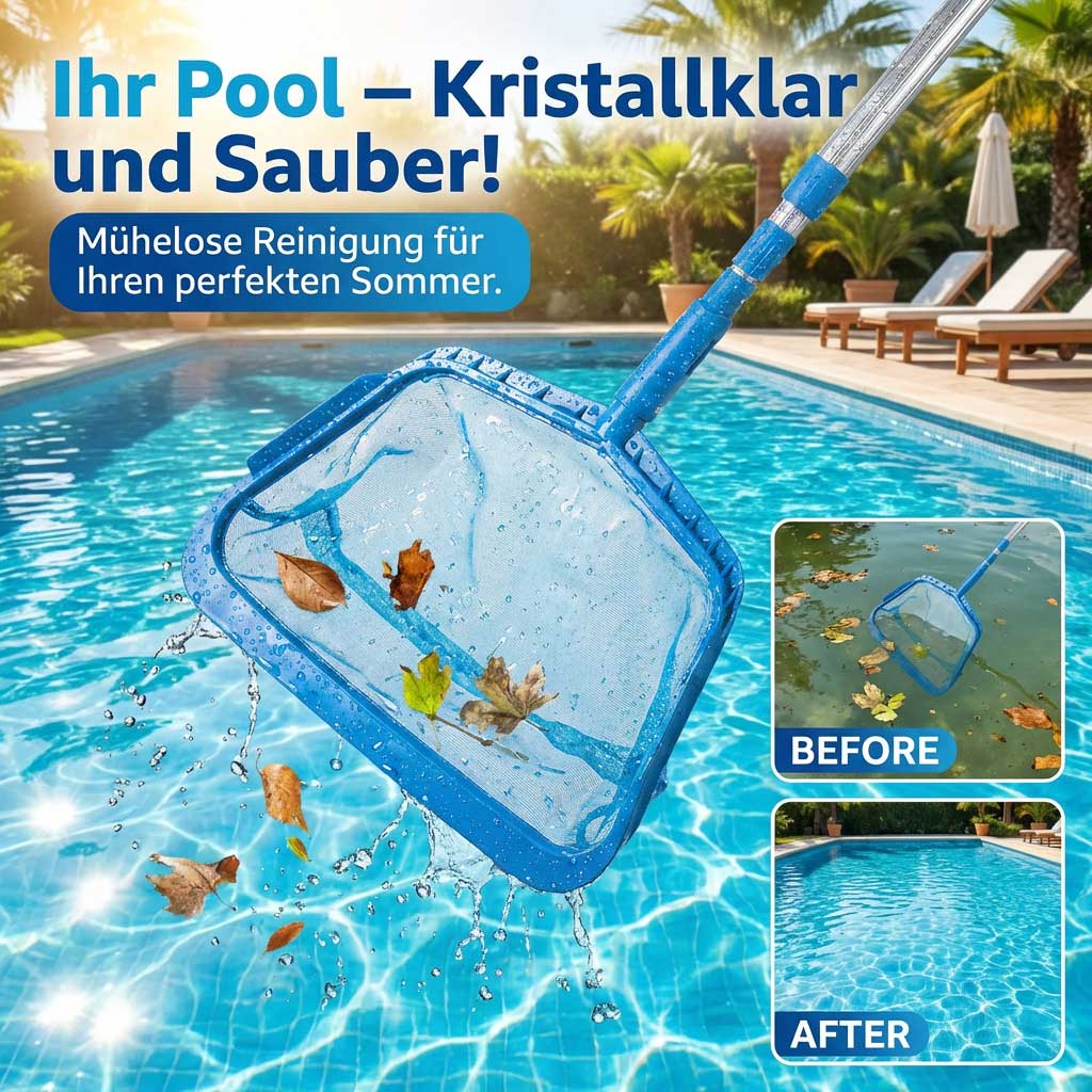 Poolskimmer, der Blätter von der Oberfläche eines Schwimmbeckens entfernt.