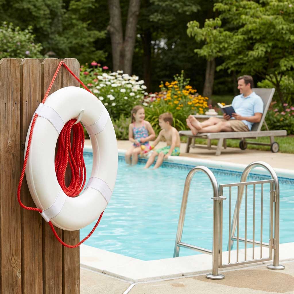 Szene am Pool mit Rettungsring, Poolleiter und Menschen, die sich am Wasser entspannen.