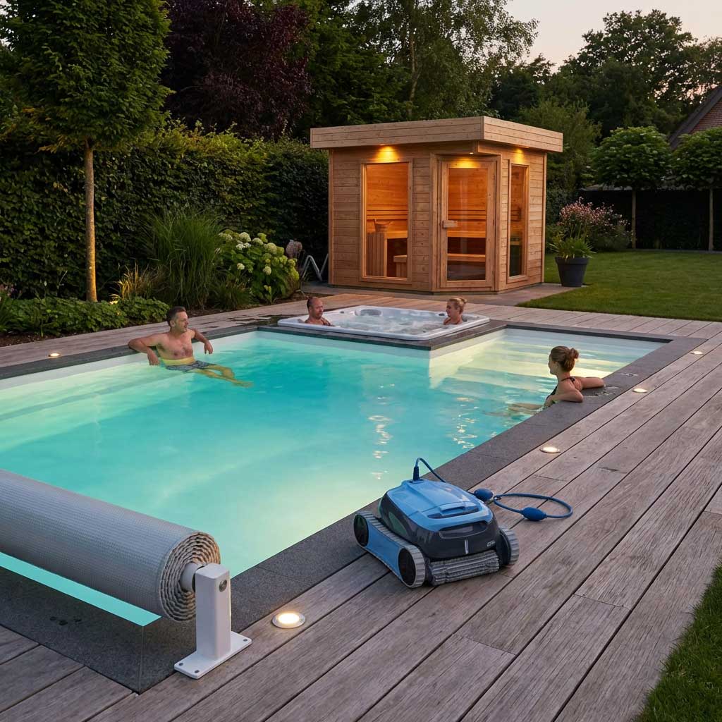 Rechteckiger, in den Boden eingelassener Swimmingpool mit automatischer Abdeckung und Roboter-Poolreiniger auf einer Holzterrasse.