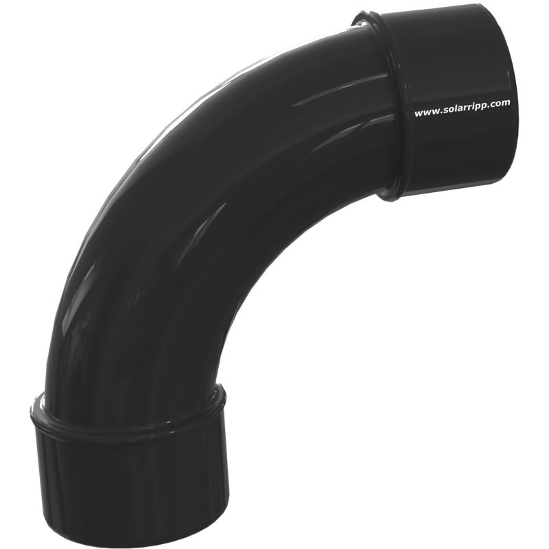 Ein schwarzer 90-Grad-Winkelrohranschluss aus glattem Kunststoff, der für Flüssigkeitsübertragungssysteme verwendet wird.