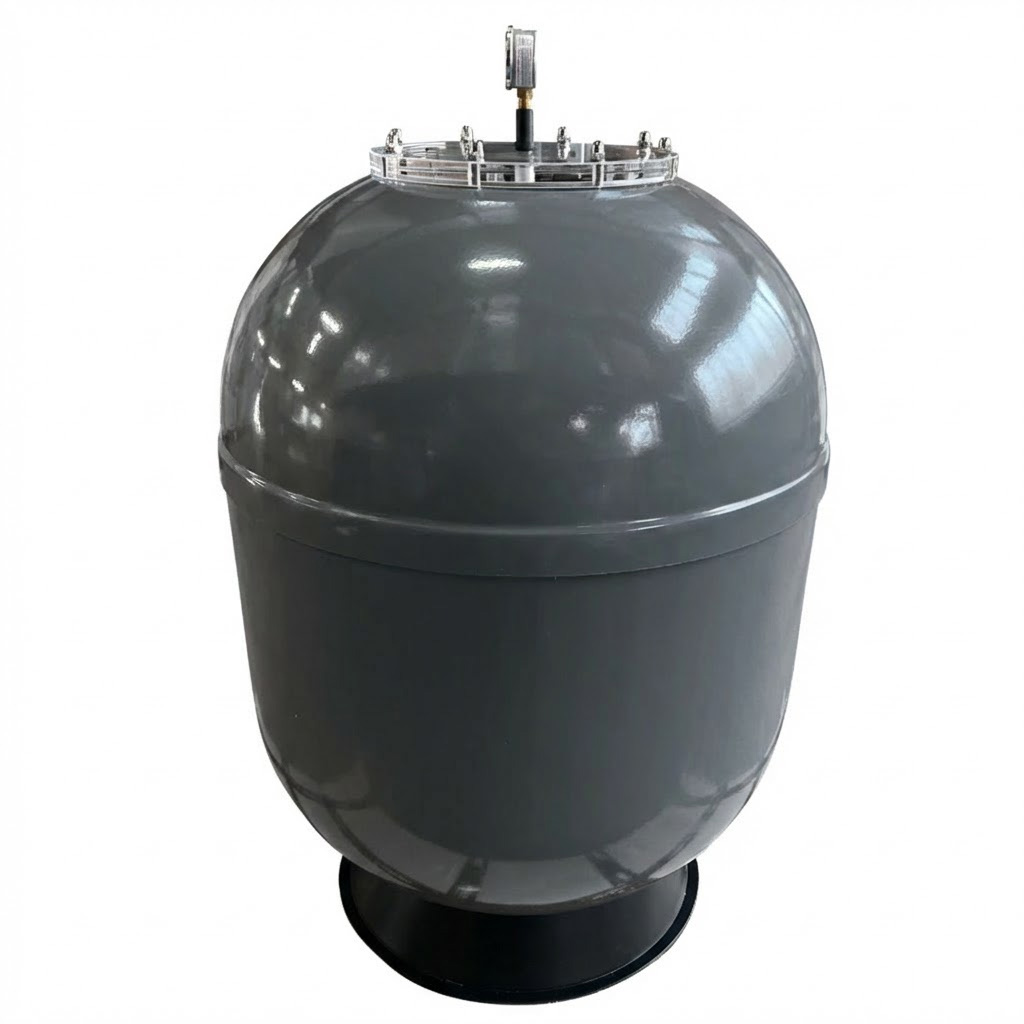 Grauer zylindrischer Drucktank mit oben montiertem Manometer.