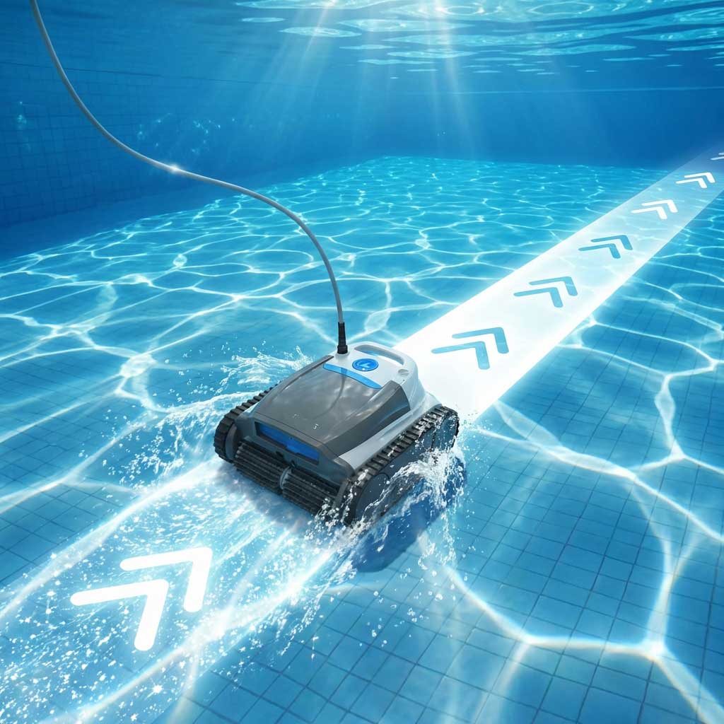 Automatischer Poolreiniger für den Einsatz in einem Schwimmbecken mit klarem Wasser.