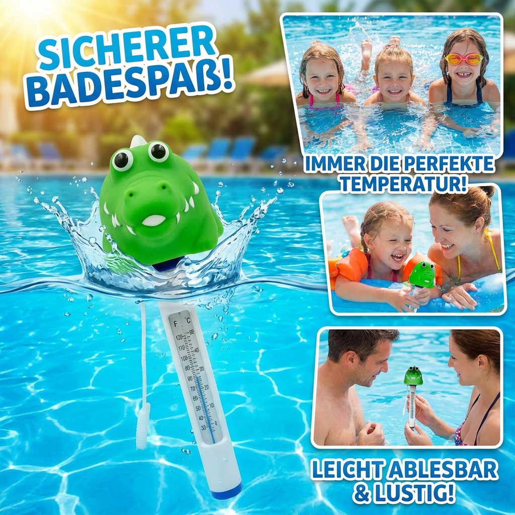 Schwimmendes Poolthermometer mit Krokodildesign in klarem Wasser.