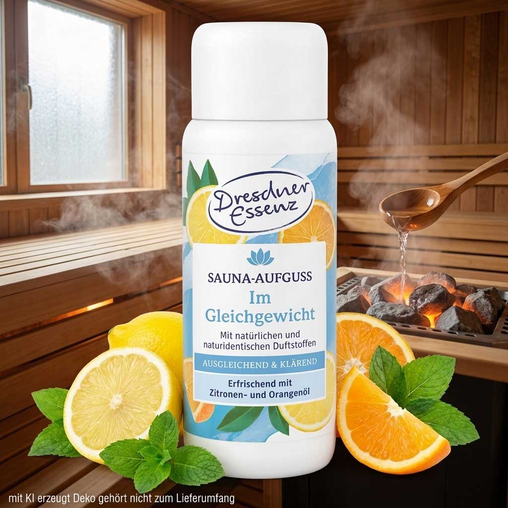 Eine weiße Flasche mit Saunaaufgusskonzentrat und Zitrusfrüchten auf dem Etikett.