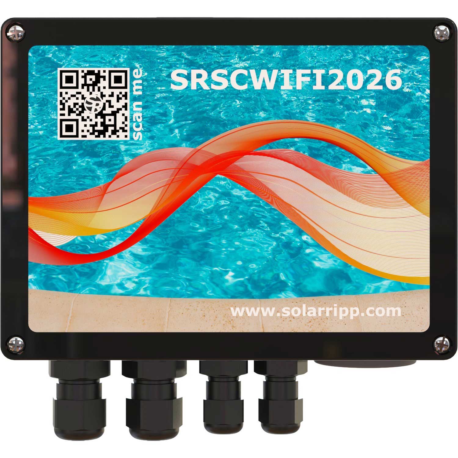Schwarze Steuerbox mit SRSCWIFI2026, einem QR-Code und solarripp.com neben einer Poolgrafik.