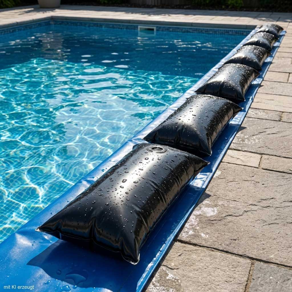 Schwarze, mit Wasser gefüllte Gewichtsrohre für Poolabdeckungen, die am Rand eines Schwimmbeckens angebracht sind.