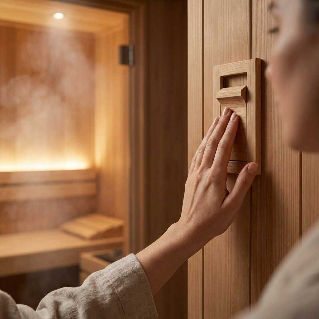 Nahaufnahme einer Hand, die einen Holzschalter betätigt, um eine Sauna mit Dampf im Inneren zu aktivieren.