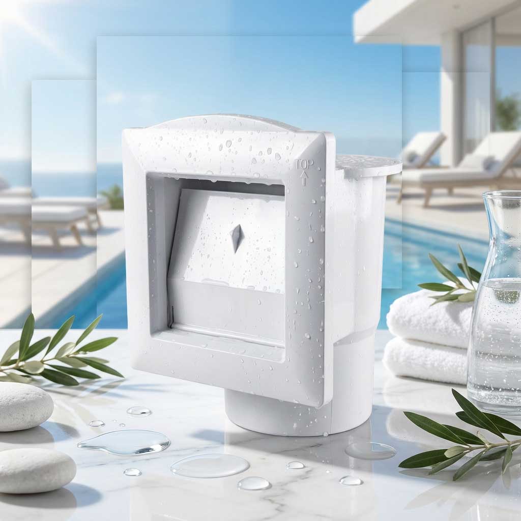 Weißer Poolskimmer mit Wassertropfen, konzipiert für die Poolpflege.