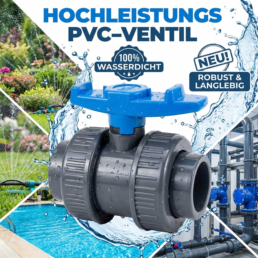 Hochleistungs-PVC-Ventil mit blauem Griff und Wassertropfen.
