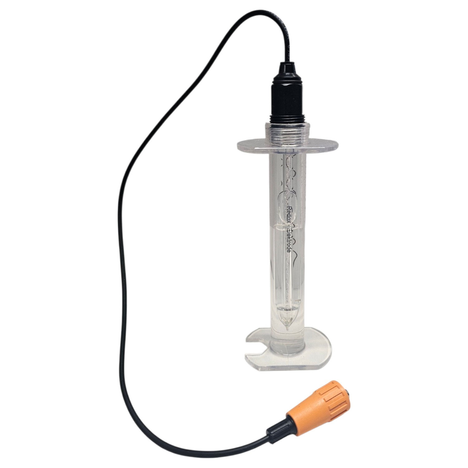 Ein transparenter Redox-Elektrodensensor mit schwarzem Kabel und orangefarbenem Anschlussstecker.