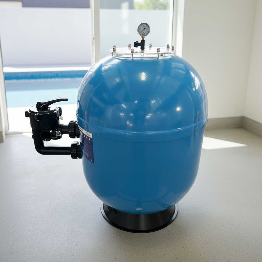 Blauer kugelförmiger Poolfilter mit Manometer und Ventilanschlüssen; erhält die Wasserqualität.