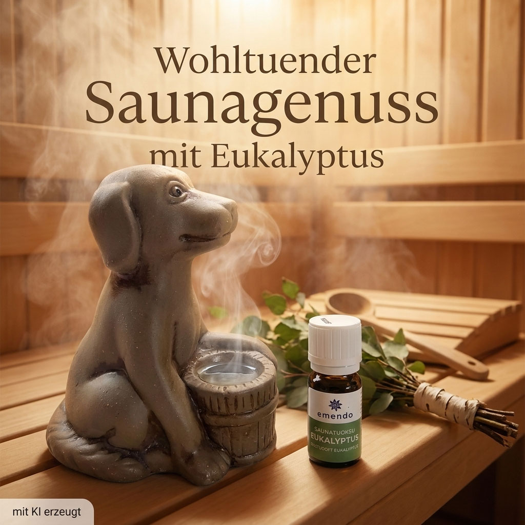Eine dampfende Keramik-Hundefigur neben einer kleinen Flasche Eukalyptus-Saunaöl.