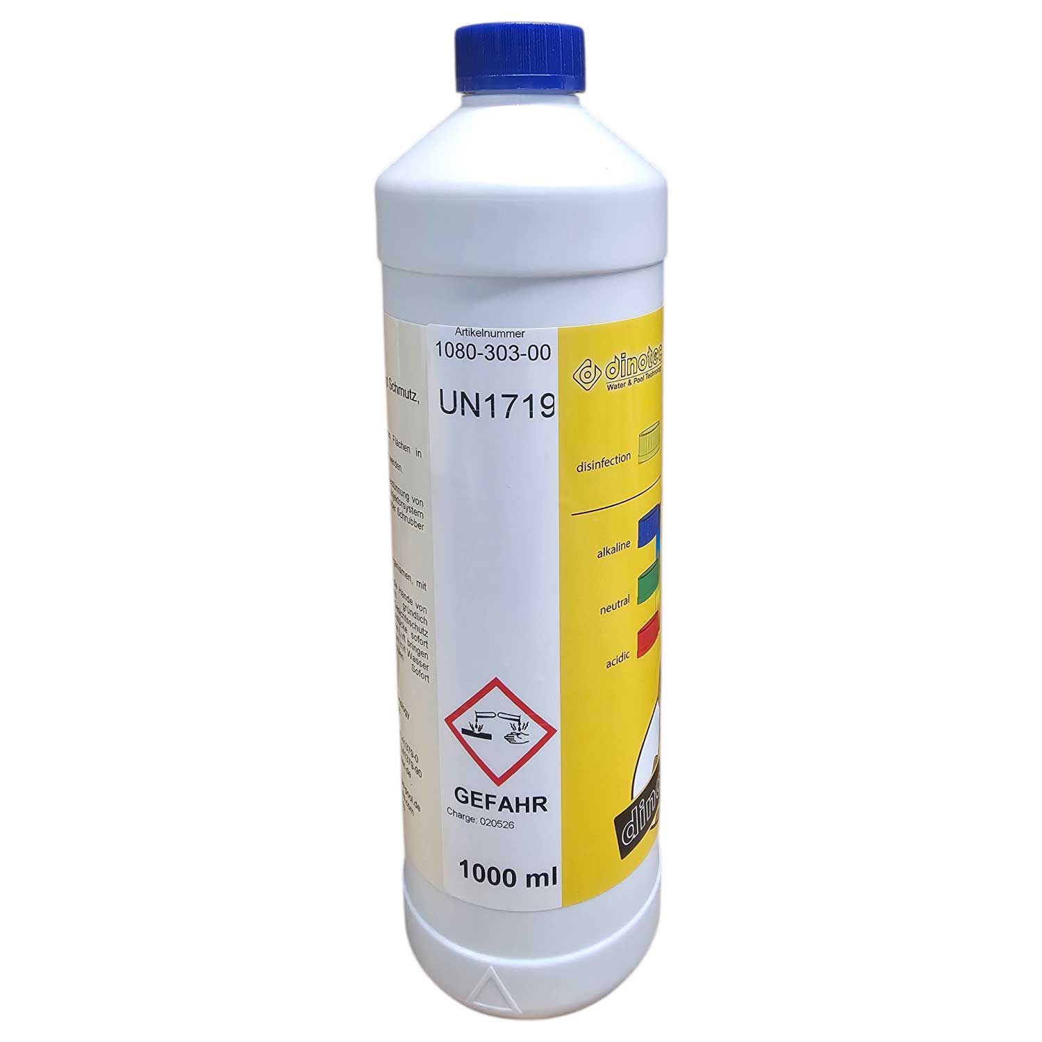 Flasche Desinfektionsmittel mit Sicherheitsetikett und Messmarkierungen.