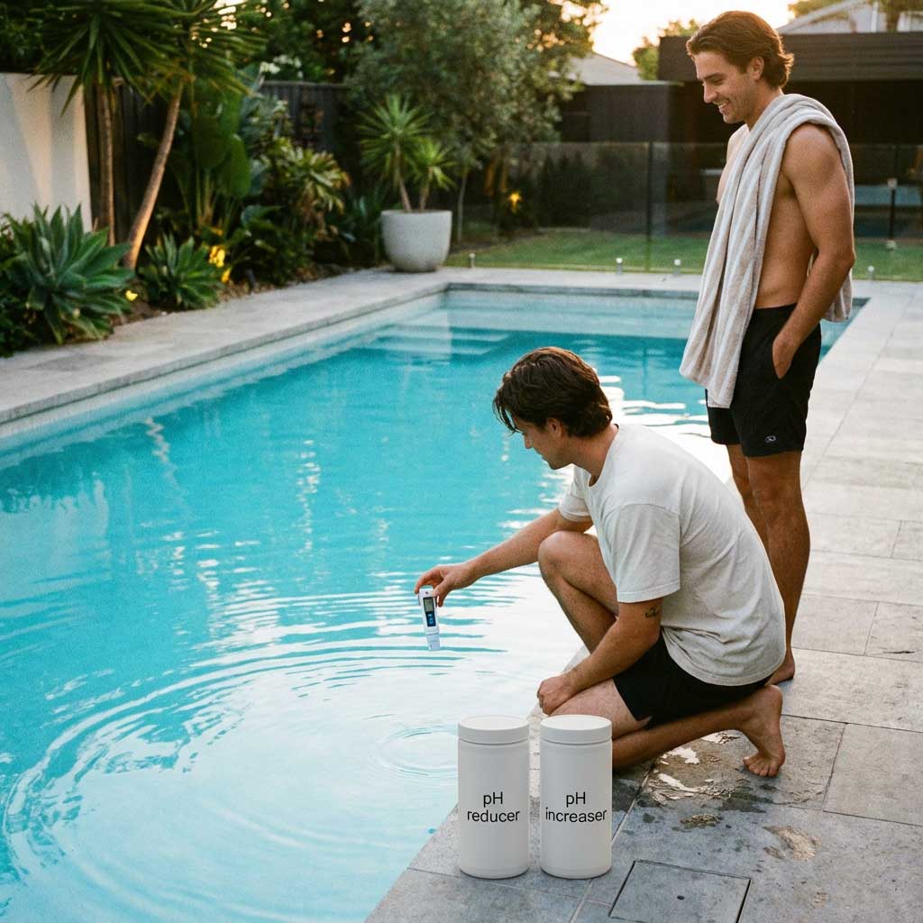 Zwei Männer testen den pH-Wert eines Schwimmbades mit einem digitalen Tester und chemischen Behandlungen.