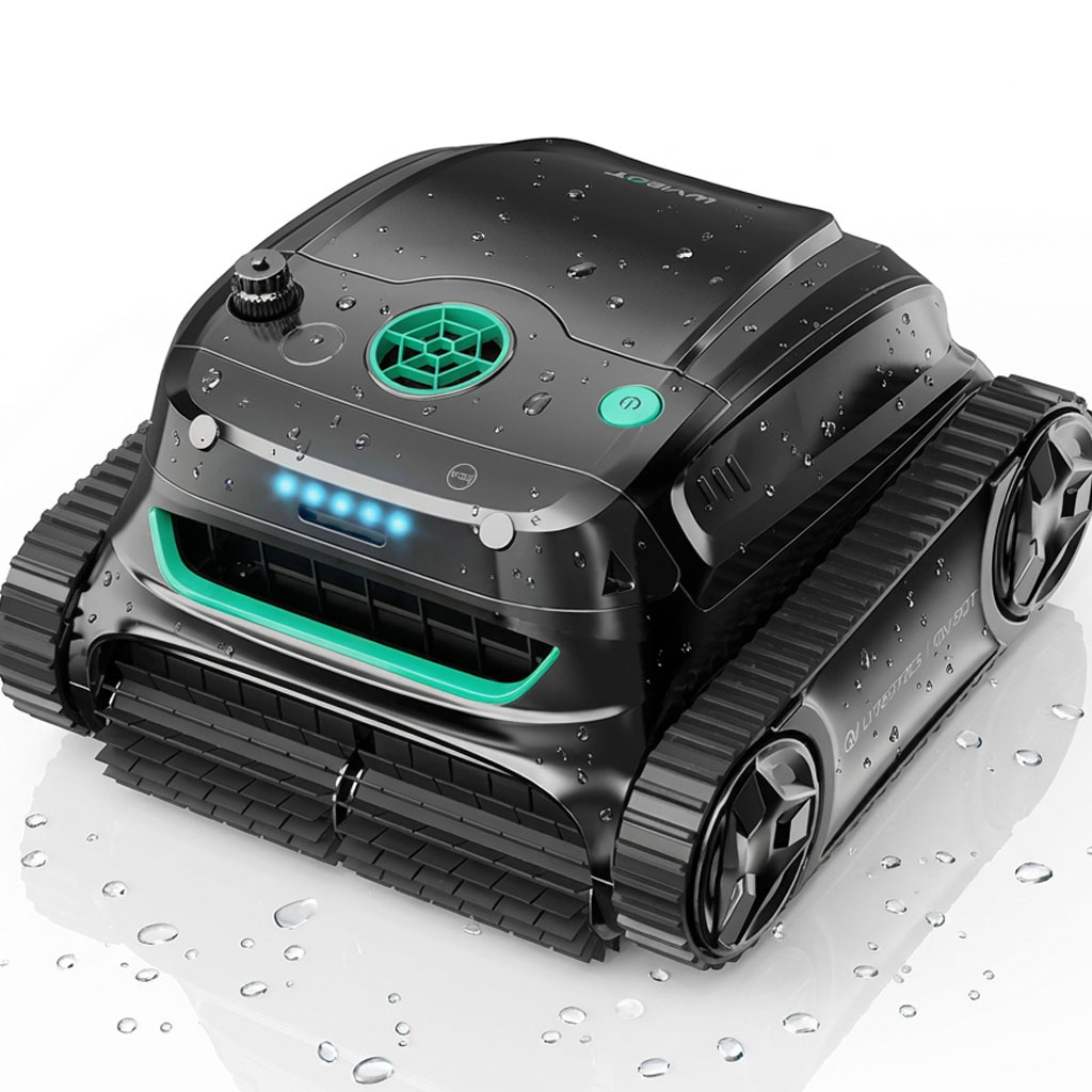 Roboter-Poolreiniger mit Wassertropfen auf der Oberfläche.