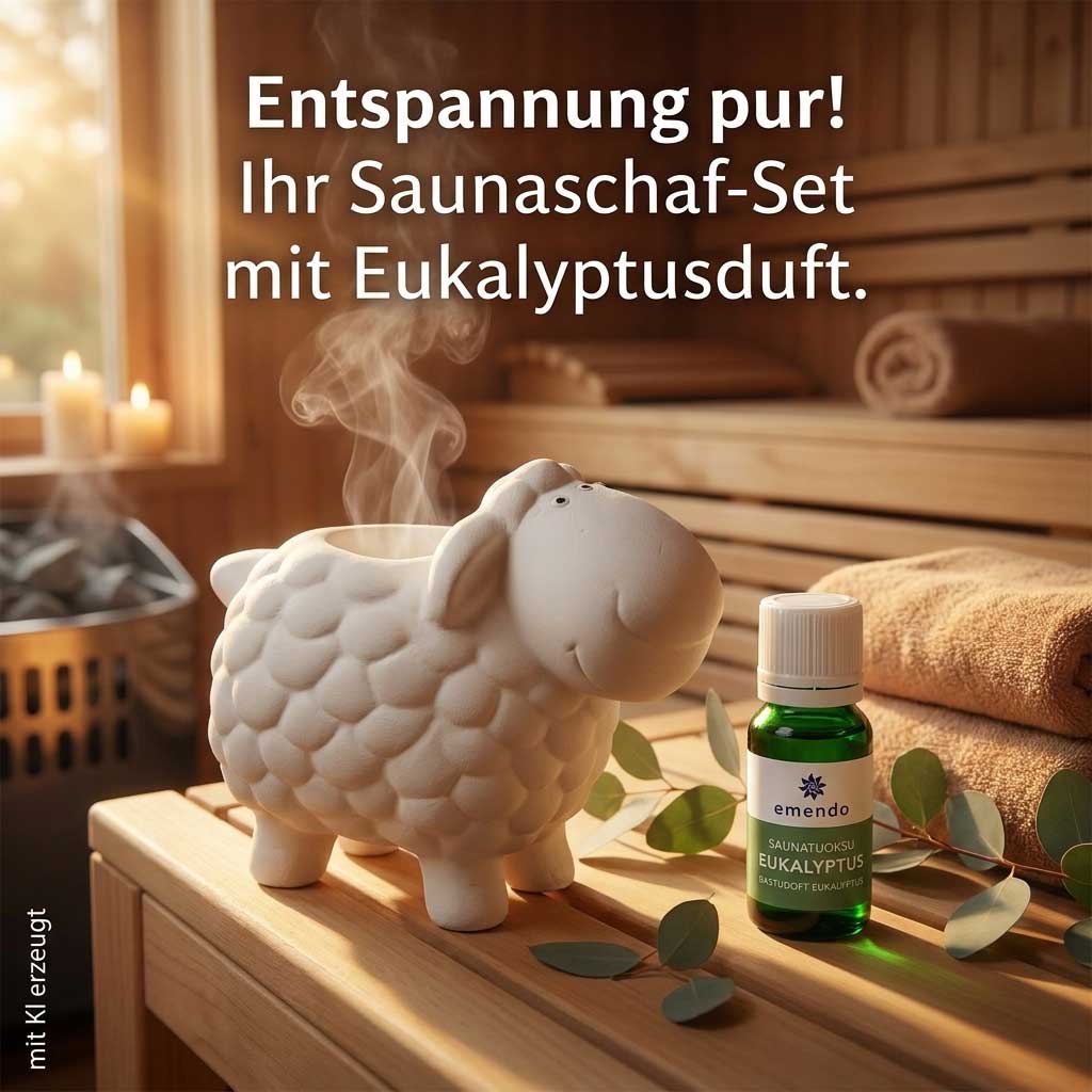 Ein Saunaduftdiffusor in Schafform aus Keramik neben einer Flasche Eukalyptusöl.
