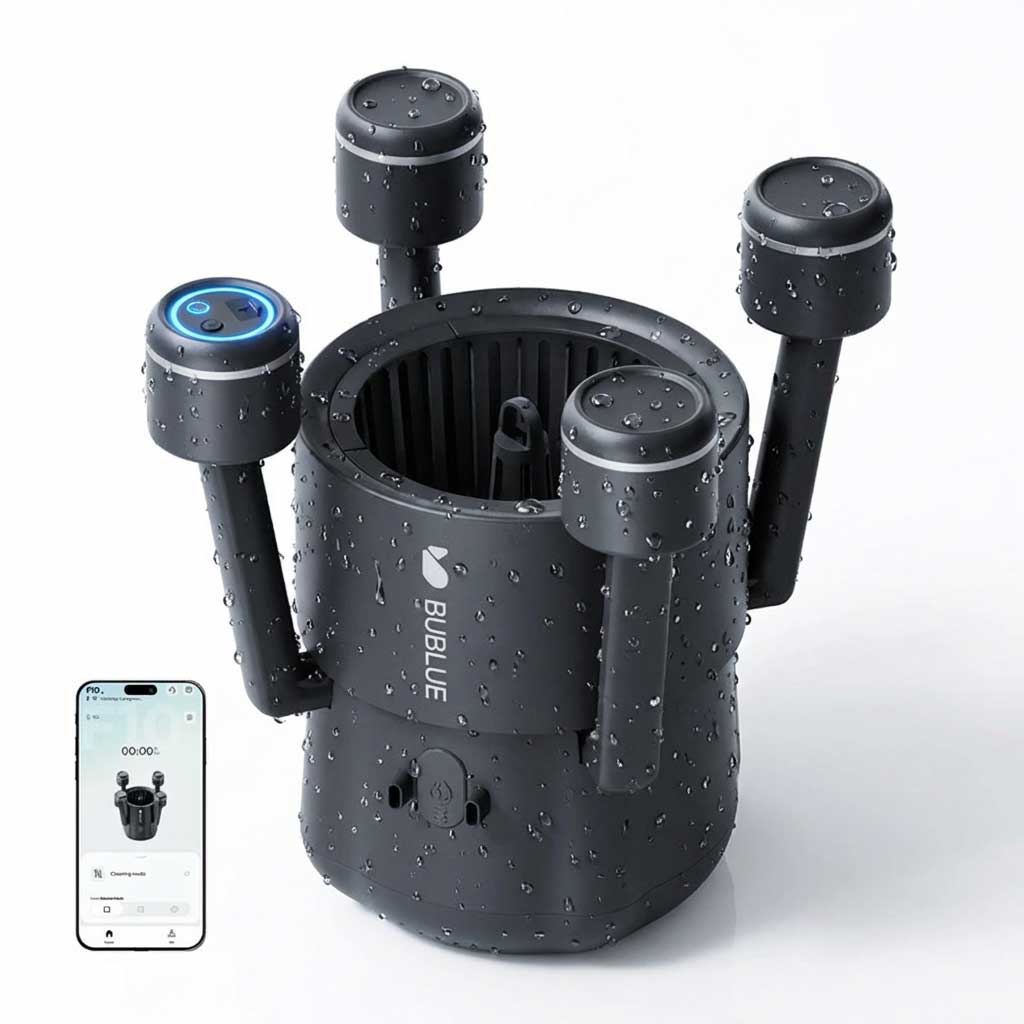 Ein schwarzes zylindrisches Gerät mit vier hervorstehenden Armen, die jeweils mit einem kreisförmigen Bauteil gekrönt sind und mit Wassertropfen bedeckt sind.