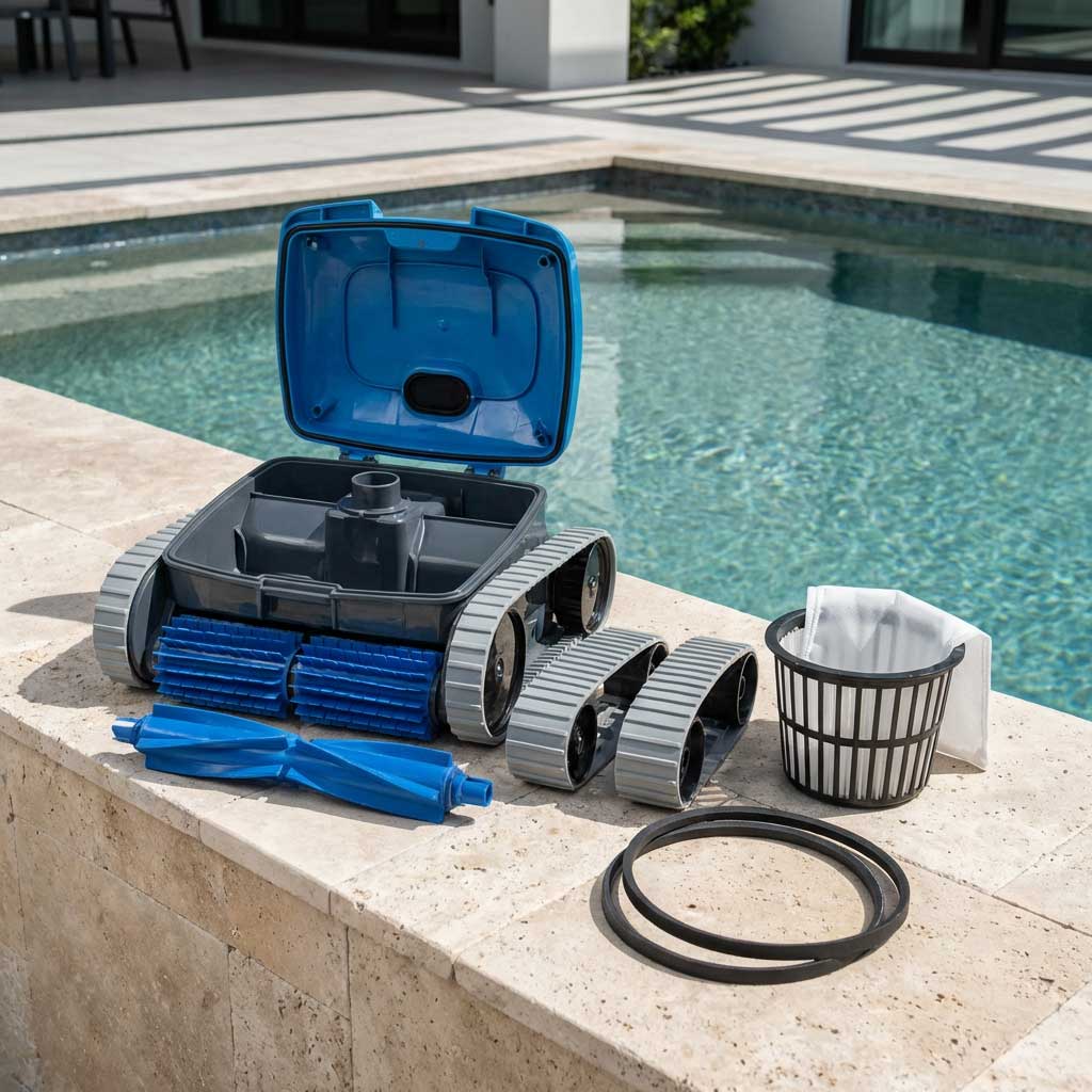 Roboter-Poolreiniger mit Chassis, Bürsten, Laufflächen, Filterkorb, Antriebsriemen und Pool.