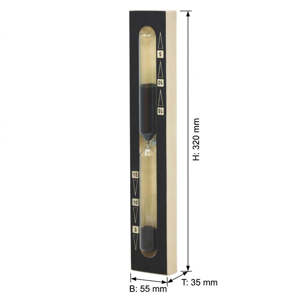 Sauna-Sanduhr mit schwarz bedruckter Vorderseite und den Maßen 320 mm Höhe und 55 mm Breite.