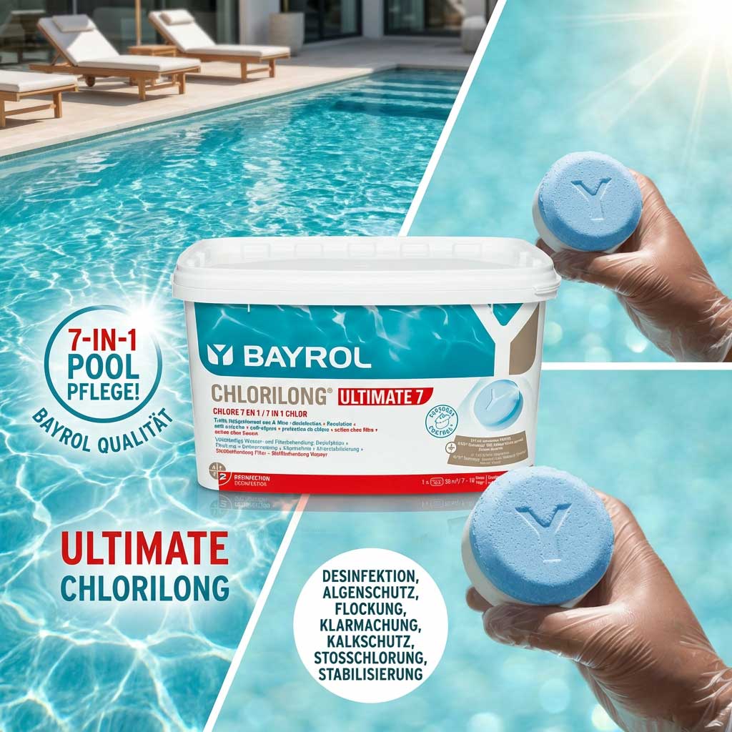 Bayrol Chlorilong Ultimate 7 Poolpflegeprodukt mit zwei Chlortabletten in den Händen.