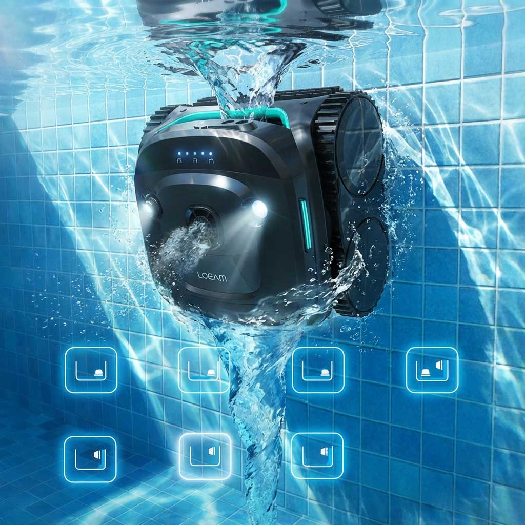Ein Roboter-Poolreiniger taucht in ein gefliestes Becken ein und zirkuliert aktiv das Wasser mit beleuchteten Anzeigen.