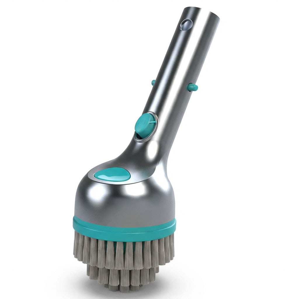 Poolreinigungsbürste mit silbernem Griff und blauen Akzenten.