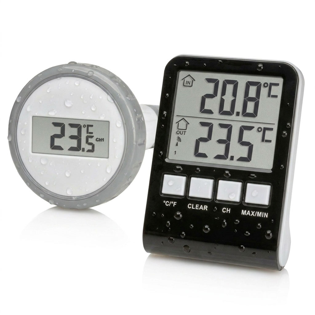 Ein digitales Poolthermometer mit schwimmendem Sensor und einer kabellosen Innenanzeigeeinheit.