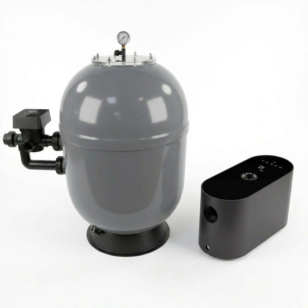 Grauwasserfiltertank mit Manometer und Steuereinheit.