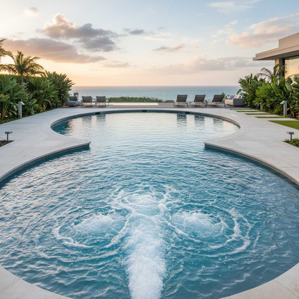Blick auf einen nierenförmigen Swimmingpool mit integrierten Whirlpooldüsen vor der Meereskulisse.