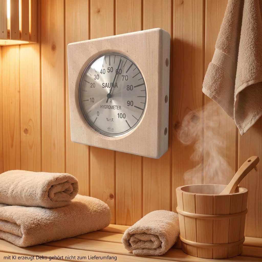 Quadratisches Sauna-Hygrometer aus Holz, montiert an einer hellen, holzgetäfelten Wand.