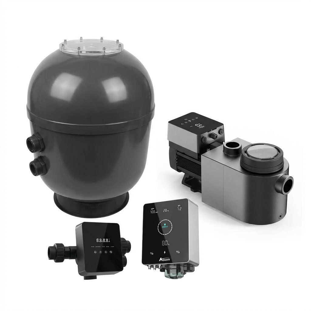 Satz schwarzer Filter- und Kontrollgeräte für Pools.