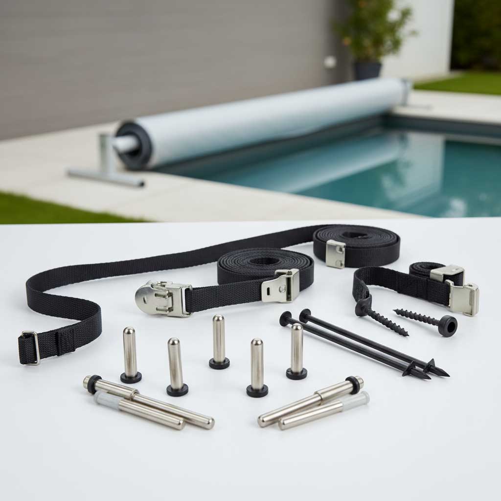 Das Bild zeigt Hardwarekomponenten für eine Poolabdeckung, einschließlich Riemen, Stifte und Montagematerial.