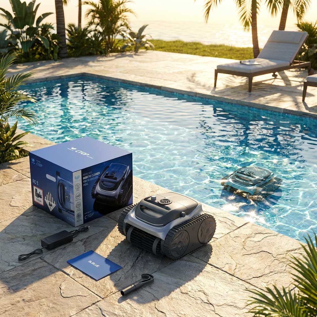 Roboter-Poolreiniger auf dem Pooldeck mit einer zweiten Einheit, die in einem rechteckigen Schwimmbecken arbeitet.