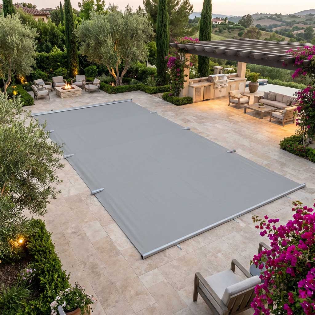Graue Poolabdeckung, die über einem rechteckigen Poolbereich installiert ist.
