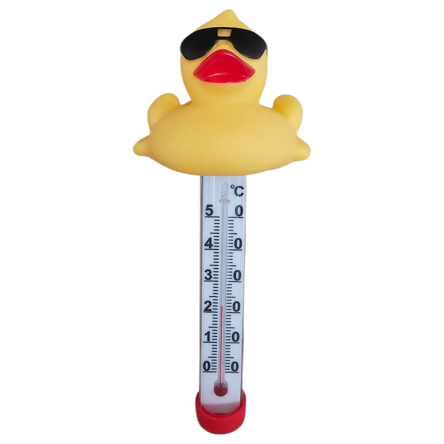Schwimmendes Thermometer im Entendesign und Temperaturskala in Celsius.