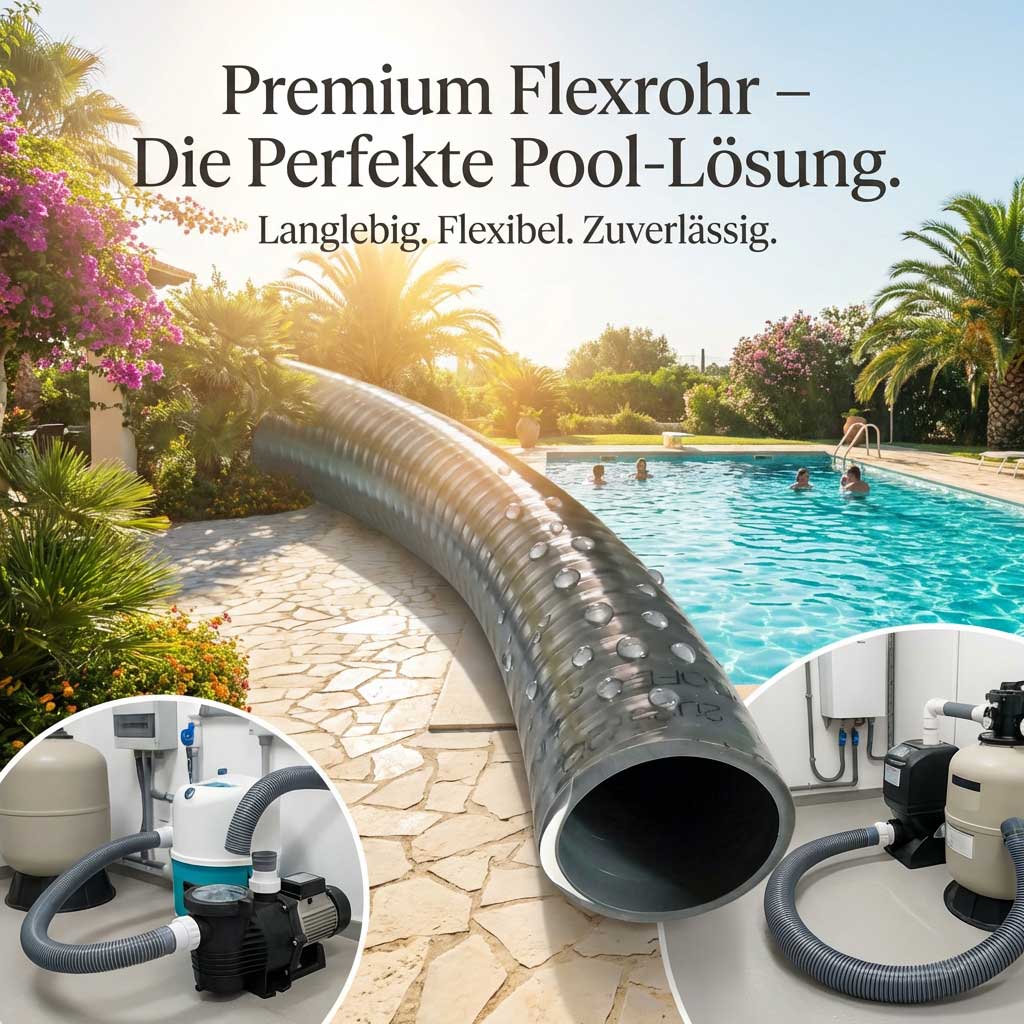 Flexibler Poolschlauch, der an ein Schwimmbadfiltersystem angeschlossen ist.