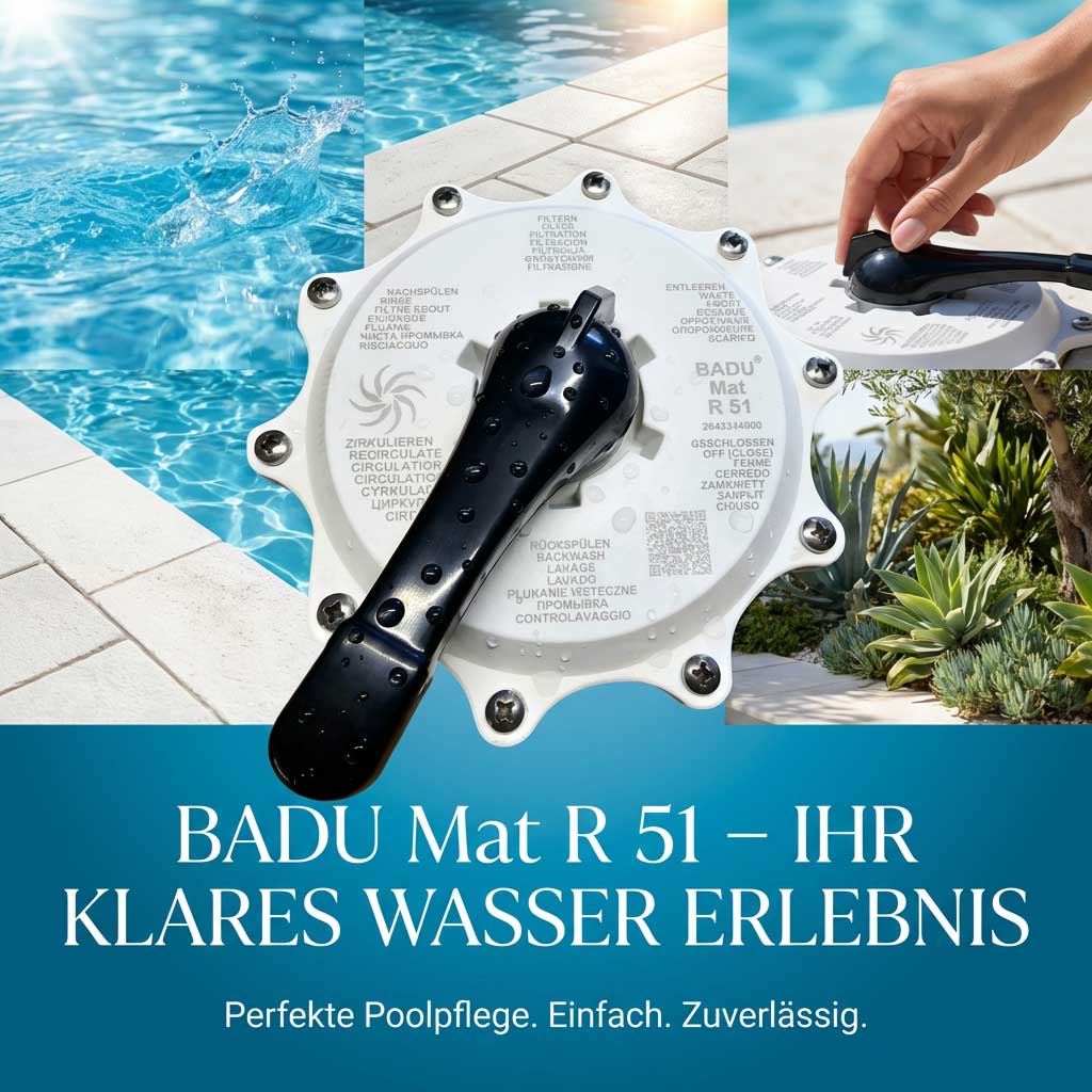 Poolzirkulationssystem mit schwarzem Griff und weißem Sockel in Wassernähe.