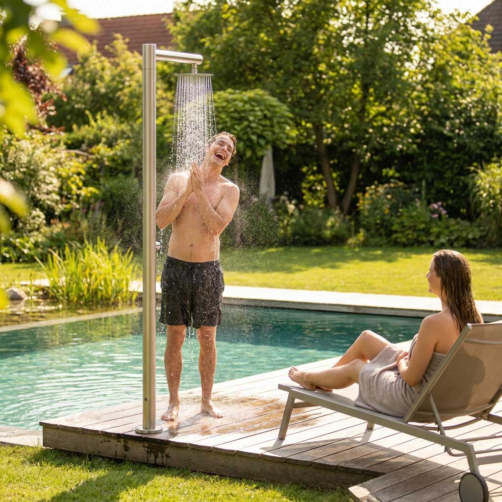 Ein Mann nutzt eine Außendusche neben einem natürlichen Pool, während eine Frau in der Nähe faulenzt.