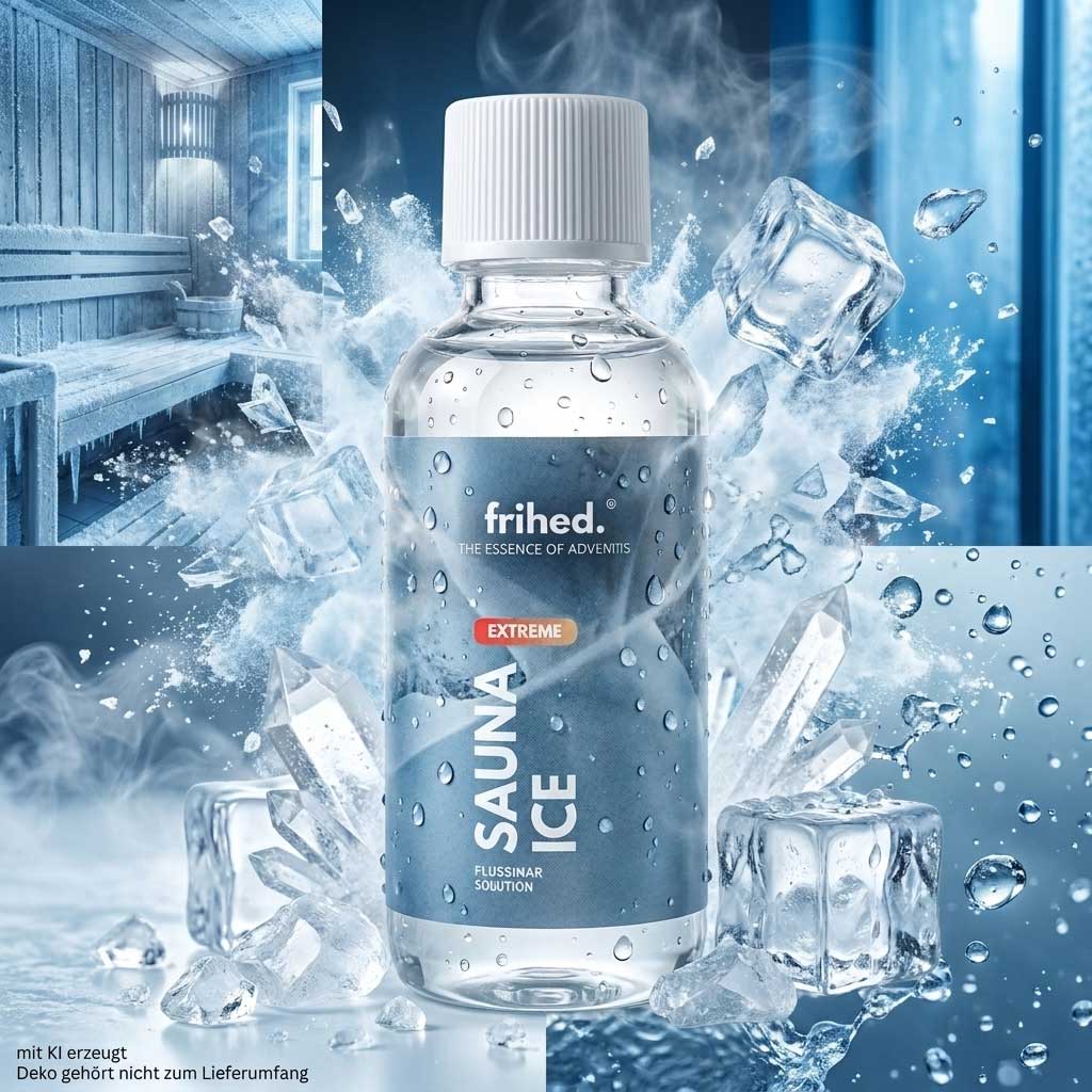 Eine klare Flasche Frihed Sauna Ice Mentholflüssigkeit, umgeben von Eiswürfeln und Wasserspritzern.