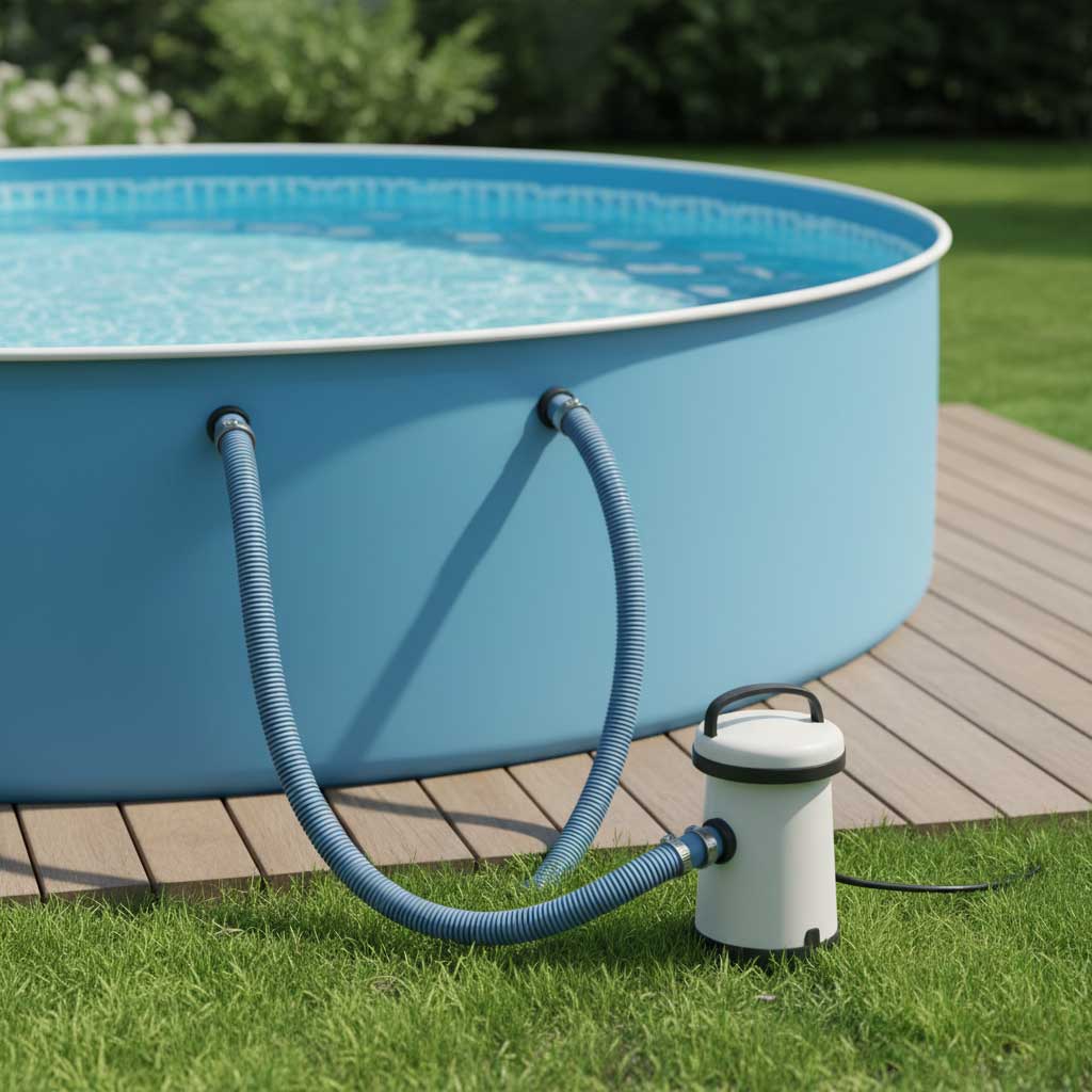 Zeigt einen runden oberirdischen Pool mit Umwälzpumpe auf einer Gras- und Holzterrasse.